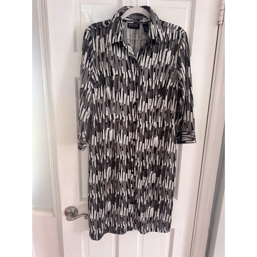 New York &‎ Company Shirt Dress L Black Gray Abstract Button Front Work